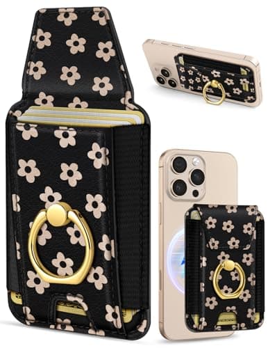 Shorogyt Compatible with Magsafe Wallet with Ring Stand Grip - Cute Magnetic Phone Wallets Card Holder for iPhone 17/16/15/14/13/12 Series for Women Girls Black Flower Design, Fit 7 Cards
