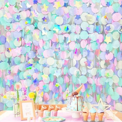 205Ft Pastel Party Decorations Circle Dot Backdrop Streamer Pastel Tissue Paper Polka Dots with Iridescent Star Hanging Garland for Birthday Wedding Bachelorette Engagement Baby Shower Party Supplies