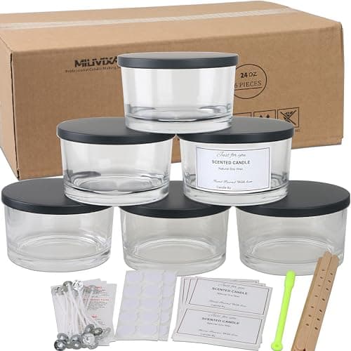 MILIVIXAY 6 Pack 24 oz Candle Jars with Metal Lids and Candle Making Kits - 3 Wick Candle Jar,Bulk Empty Clear Thick Glass Jars for Making Large Candles - Spice, Powder Containers.