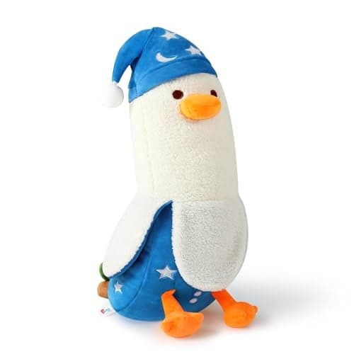 PEACH CAT Cute Long Banana Duck Plush Pillow Toy Cute Duck Plushie with Nightcap Duck Stuffed Animal for Kids White and Blue 12