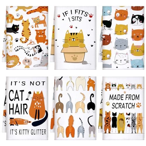 TecUnite 6 Pcs Cat Kitchen Towels Set Funny Cat Tea Towels Cute Dish Towel Decorative Hand Towel Cats Lover Gifts for Cleaning Drying Wiping Tasks Cats Owners Women Mom Housewarming Gifts Decor