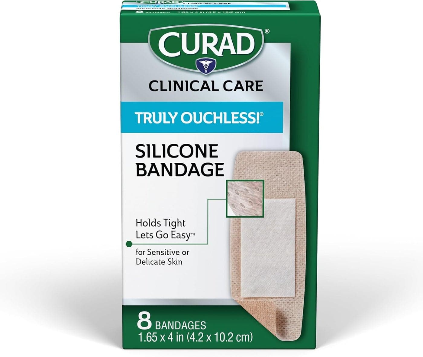 CURAD Truly Ouchless, Extra Large Silicone Bandages, 1.65"" x 4"", For Sensitive or Delicate Skin, Flexible Fabric, Protects Scrapes, Cuts & Burns, 8 Count