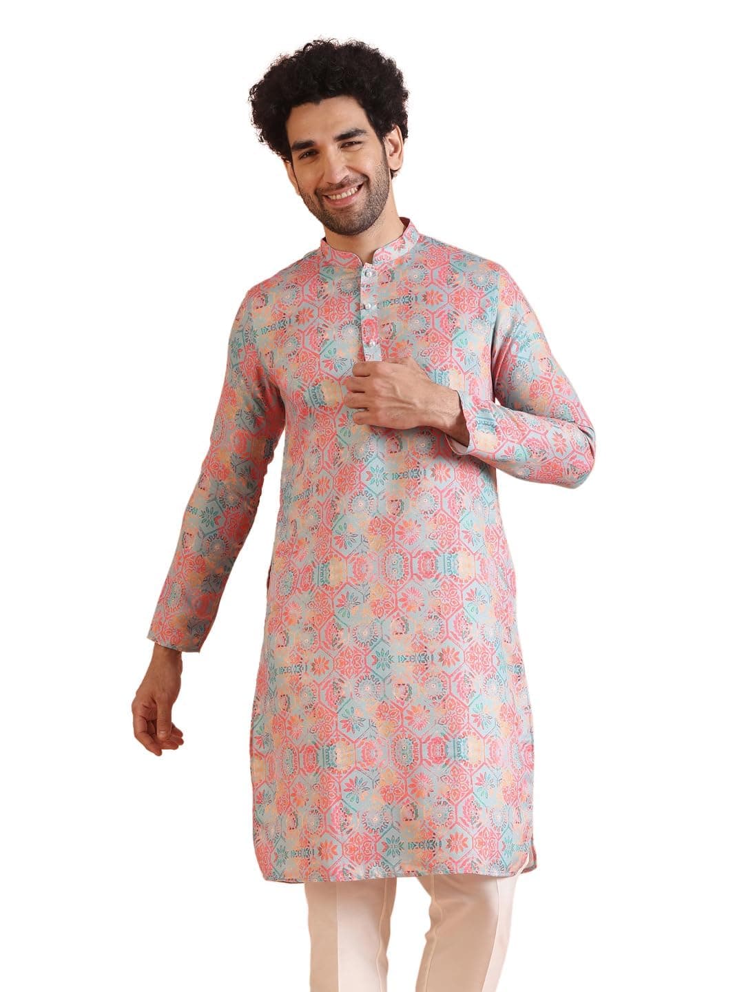 KISAH Mens Printed Cotton Blend Kurta – Traditional Ethnic Wear Kurta for Men for Weddings & Festivals Multicolour