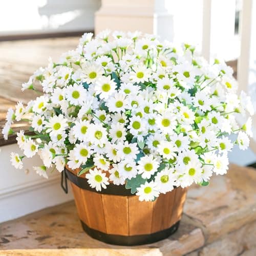 Daisy Artificial Flowers for Outdoors Decoration 6 Bundles Fake Plants Flowers Bouquet Faux Flowers for Outdoor Planter Look Real UV Resistant Silk Flowers for Outside Front Door Porch Patio White