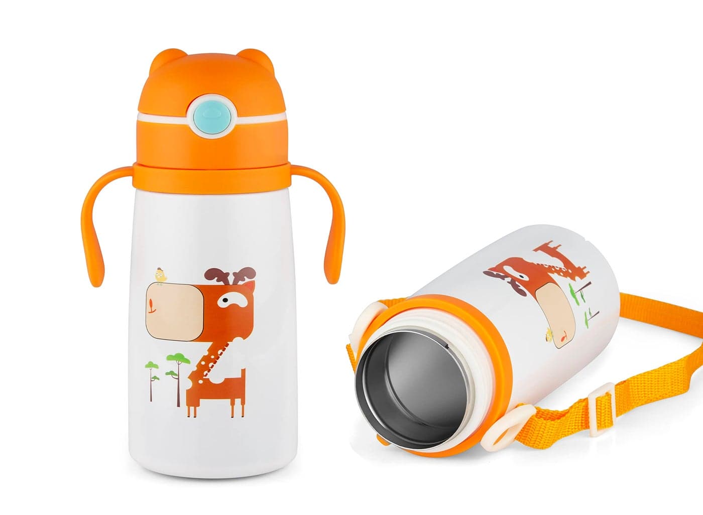 Nabhya Goofy 380 ML Vacuum Thermo Seal Insulated Double Wall Steel Body Baby Sipper with One Touch Opening & Silicon Straw,Long Retention of Temperature of Hot & Cold Liquids (Orange)