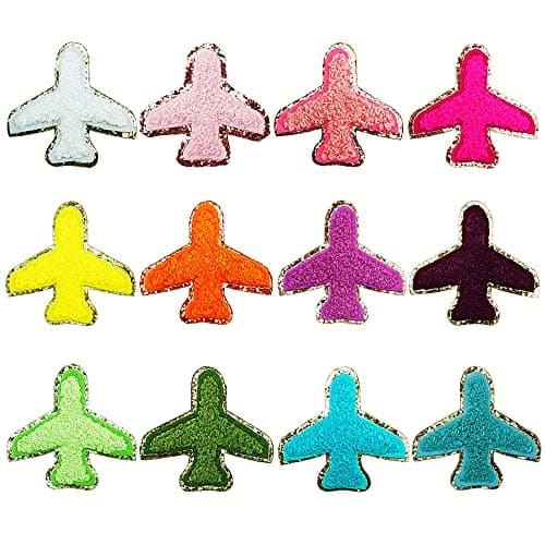 SaktopDeco 12 PCS Golden Edges Airplane Iron On Patch Chenille Patches Embroidery Patches Sew On Patch for DIY Hats Bags Clothes