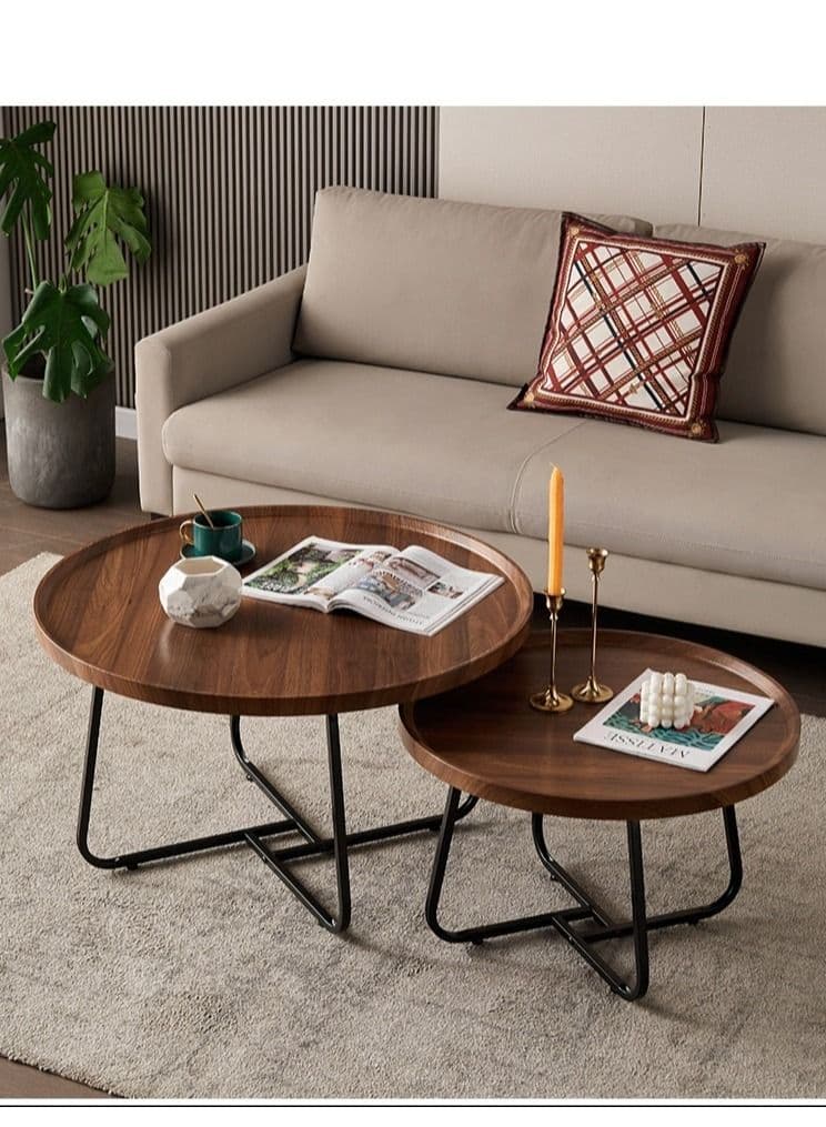 Set of 2 nesting coffee table, wooden walnut coffee table, rustic coffee Table mid-century, modern round coffee tables center table for living room bedroom office furniture easy assembly, 50CM+70CM