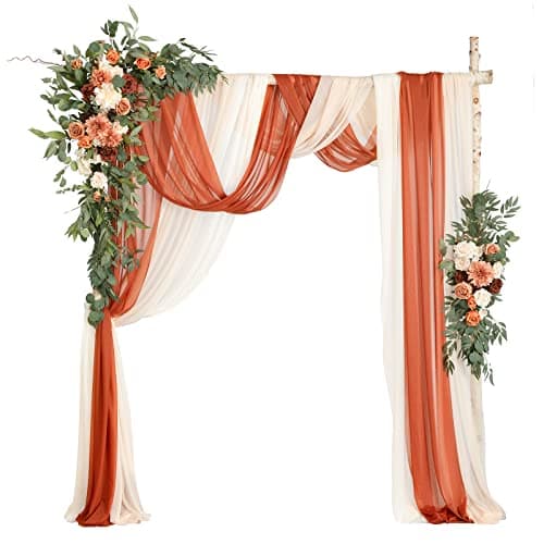 Lings moment Fall Wedding Arch Flowers with Sheer Drapes Kit Artificial Terracotta and Burnt Orange Floral for Ceremony Backdrop Arbor Decor 5Piece Set 2 Flower Stems 3 Hanging Drapes