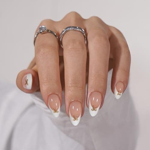 BTArtbox Press on Nails Short -White Designed French Tip Press On Nails Almond with Bow, Glue On Nails for Gifts, Natural Stick On Nails in 16 Sizes - 32 Fake Nails Kit, Dinner Star