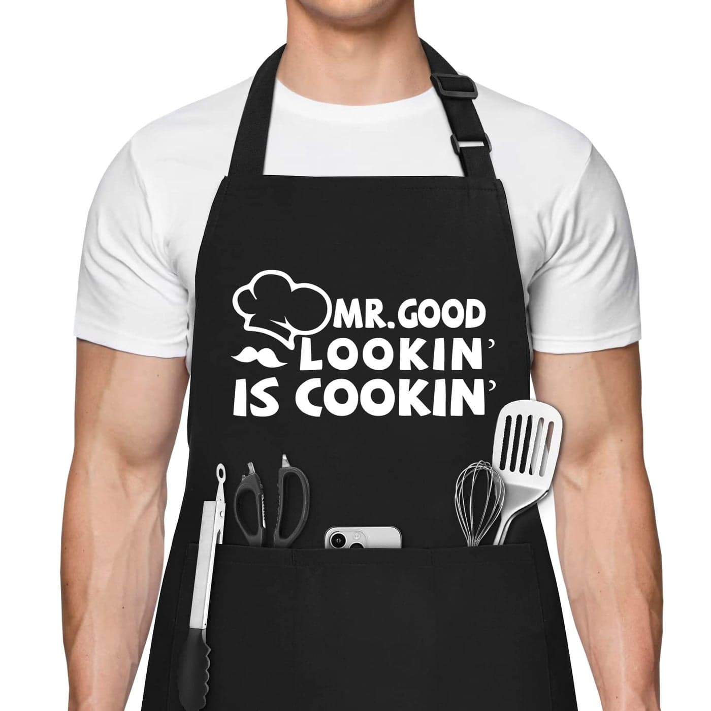 Riqiaqia Funny Aprons for Men Mr Good Lookin is Cookin Chef Apron with 3 Pockets Adjustable Neck Strap and Long Waist Ties Perfect for Kitchen Cooking Grilling Baking Gifts for Husband Dad