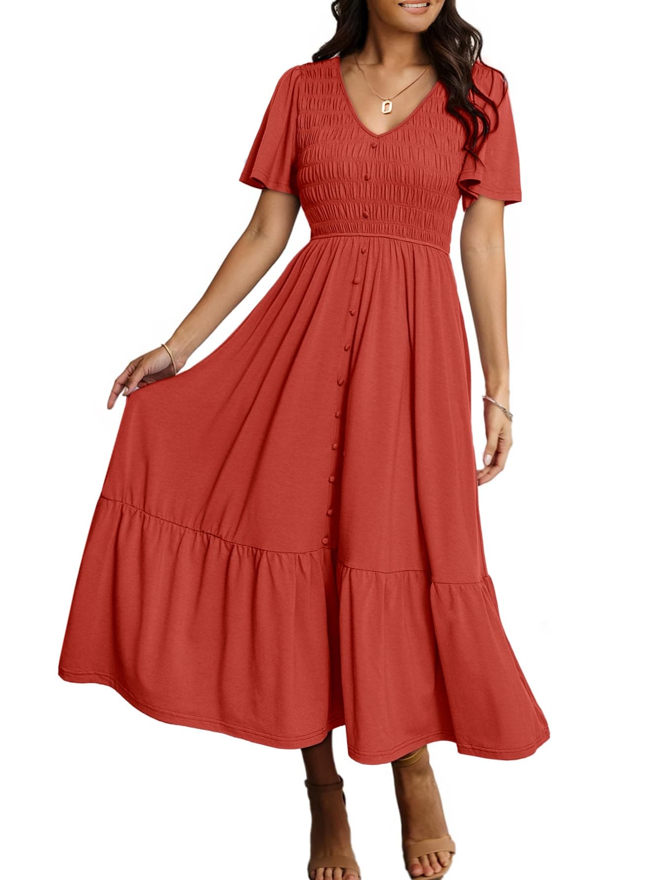 Simplee Womens Summer Smocked Flowy Dress V Neck A line Boho Wedding Guest Dresses Clothing Orange L