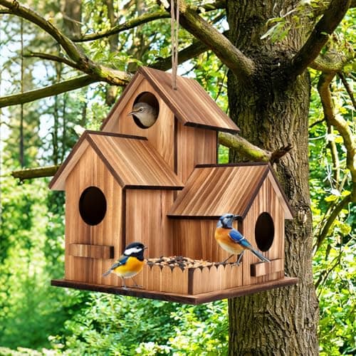 GLOPHOK Bird Houses for Outside, Outdoor 3-Hole Large Birdhouse Bird Feeder for Bluebirds, Finches, Cardinals and Yellow Finches, Wooden Hanging Edible Wild Bird Nest Garden Decorative