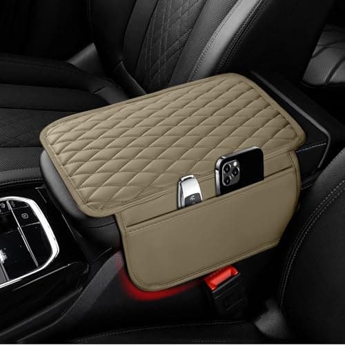 Ouzorp Car Center Console Cover Upgraded Microfiber Leather Car Arm Rest Cover with 2 Storage Bags Universal Armrest Cover for Car Storage Box Car Interior Accessories Protector for Most VehicleBeige