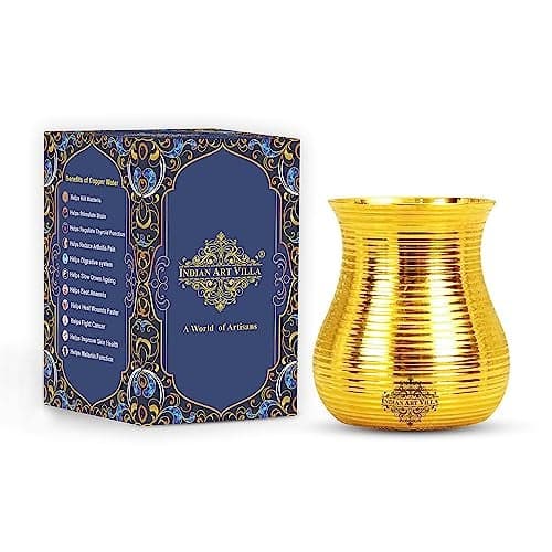 INDIAN ART VILLA Pure Brass Glass Tumbler with Curved Lining Design, for Drinking Serving Water, Yoga & Ayurveda, Volume-350 ML, 1 Piece