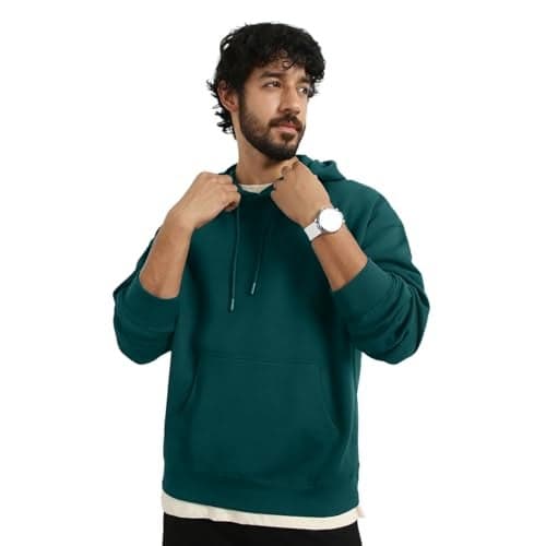 NOBERO Men's Cotton Blend Neck Hooded Oversized Fit Sweatshirt (1M-TWHO-R0041_Verdigris Blue (2XL)