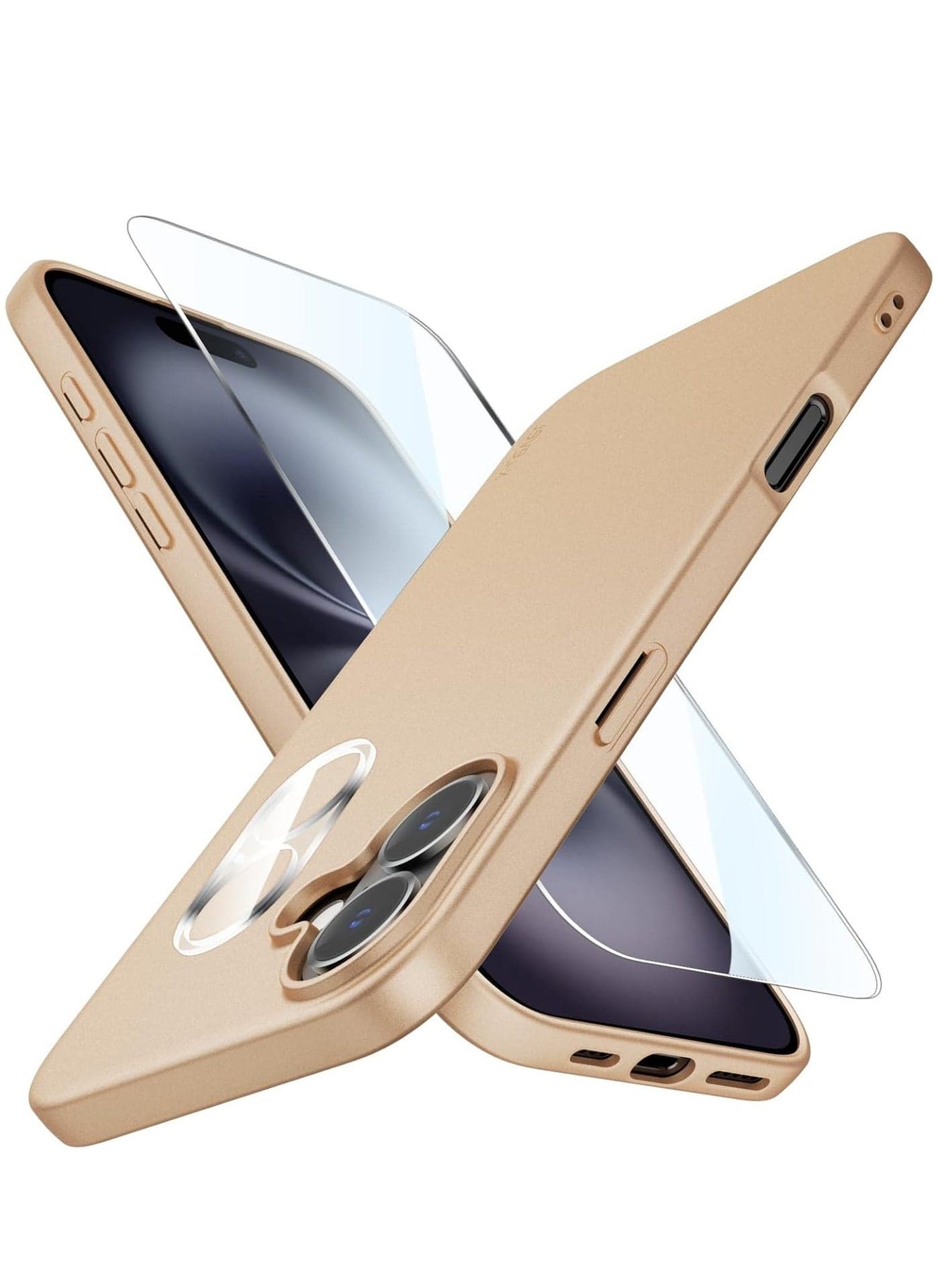iPhone 16 Gold Case – Ultra-Thin Matte Cover with Camera Lens and Screen Protectors, Light Soft Touch, Shockproof Design