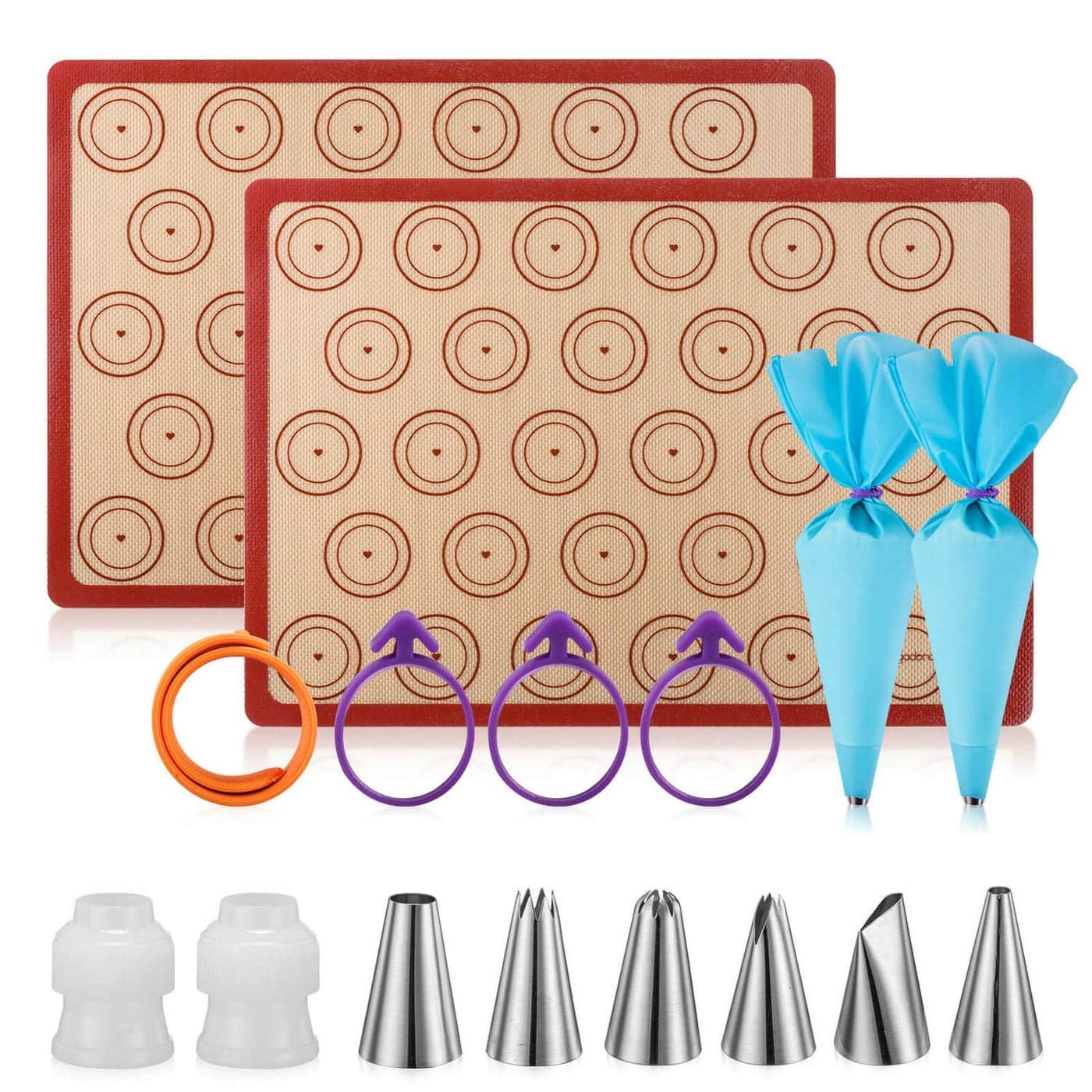 Macaron Silicone Baking Mats Kit (16pcs set) Macaroon Baking Mat Set of 2 Half Sheet Macaron Silicone Mat Nonstick Macaron Mat Sheet,6 Piping Tip,2 Piping Bag with 3 Bag Tie,2 coupler