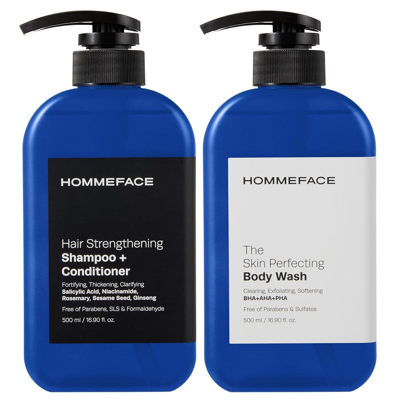 HommeFace Triple Action Shower Kit for Men Hair Body Wash Set Includes a 2in1 Hair Strengthening Shampoo Conditioner Body Wash with Pump for AcneProne Skin