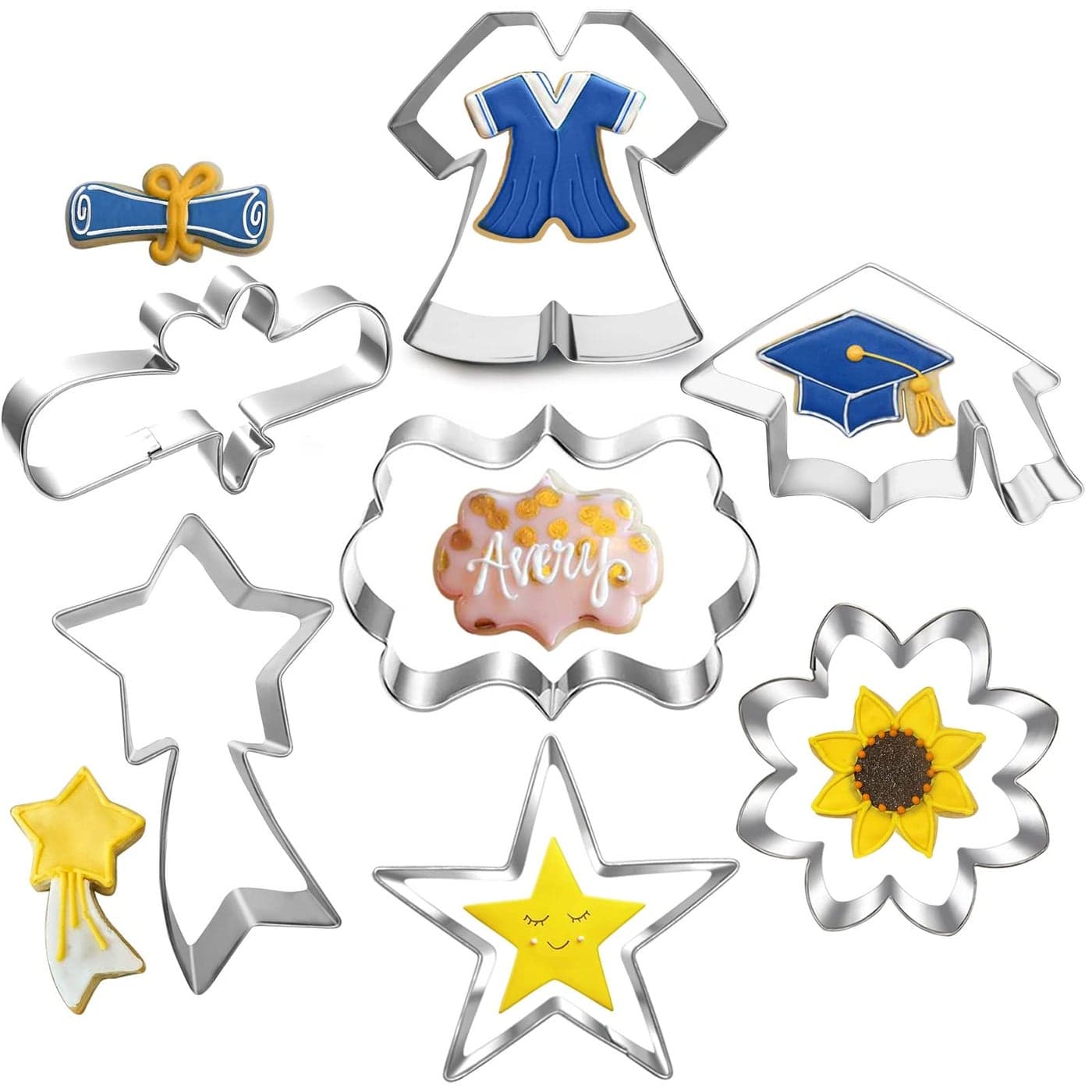 LUBTOSMN Graduation Cookie Cutter Set7 PieceGraduation Cap Gown Diploma Sunflower Star Shooting Star and Plague Cookie Biscui Cutters for 2024 Graduation Celebration Party 7