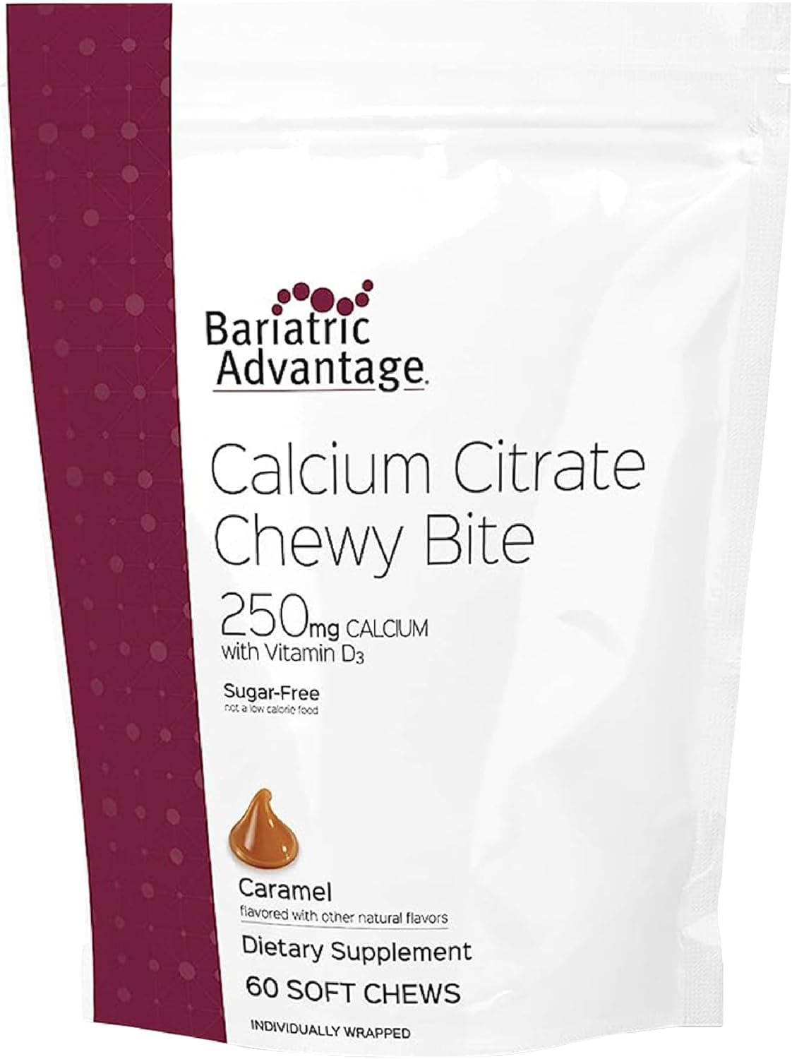 Bariatric Advantage Calcium Citrate Chewy Bites 250mg with Vitamin D3 for Bariatric Surgery Patients Including Gastric Bypass and Sleeve Gastrectomy Sugar Free Caramel Flavor 60 Count