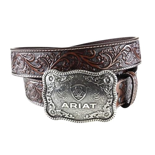 ARIAT Men's Floral Embossed Leather Belt with Antiqued Silver Buckle, Black/Tan, 46