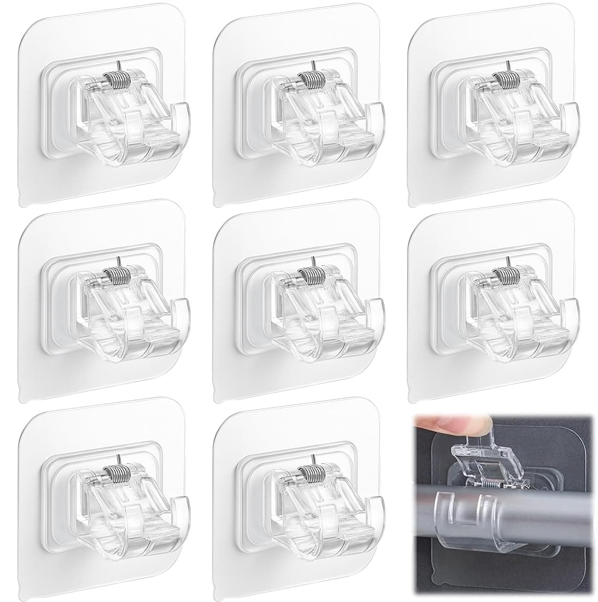 Curtain Rod Bracket No Drilling 8pcs, Self Adhesive Curtain Rod Brackets, Nail Free Adjustable Drapery Towel Holder Fixing Hook for Home Bathroom Kitchen and Hotel Use (Transparent)