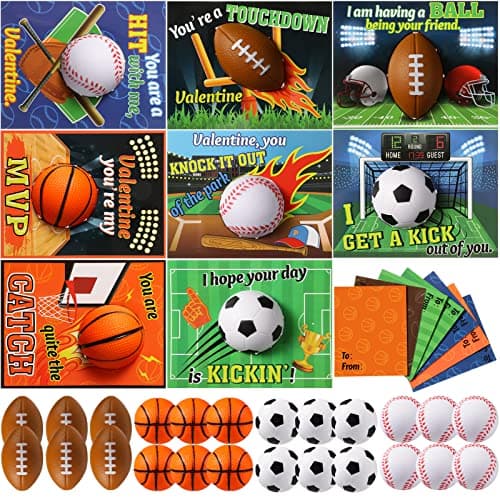 Tatuo 24 Pack Sports Valentines Cards with Stress Balls Bulk Valentines Day Cards Gift Exchange Mini Bouncy Basketball Baseball Soccer Football Squish Ball Party Favors for Sports Theme Prize Gift