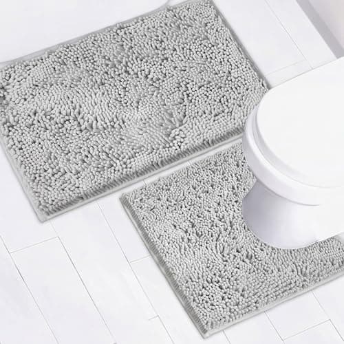 AINAHYVA Bathroom Rugs Chenille Bath mat 2 Piece Set Super Absorbent Strong PVC Non Slip Backing Bath mats for Bathroom Plush Shaggy Thick Machine Washable Bathtub ToiletLight Grey