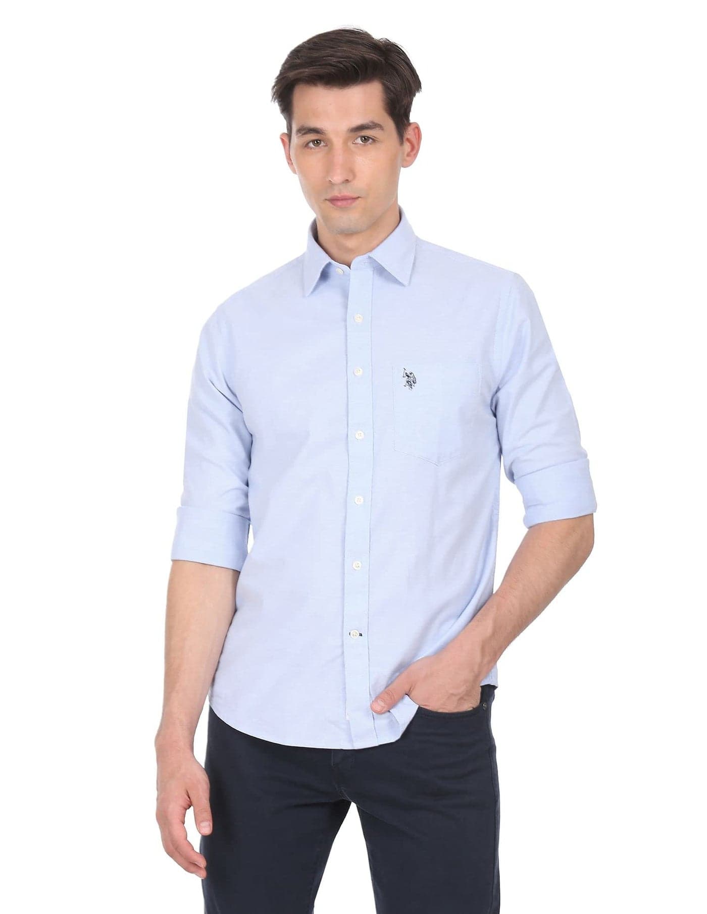 U.S. POLO ASSN. Cotton Men's Solid Regular Button Down Shirt (USSHTC0011_Blue 2XL)