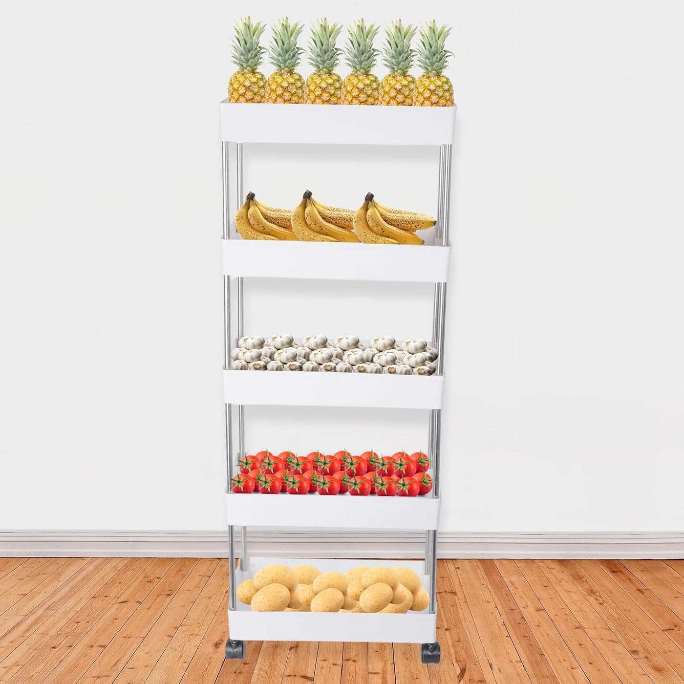 AEXONIZ Plastic Kitchen Storage Trolley Rack Rolling Utility Cart Slide Out Storage Shelves Space Saving Home Storage Organizer Racks with Wheels White 5 Layer