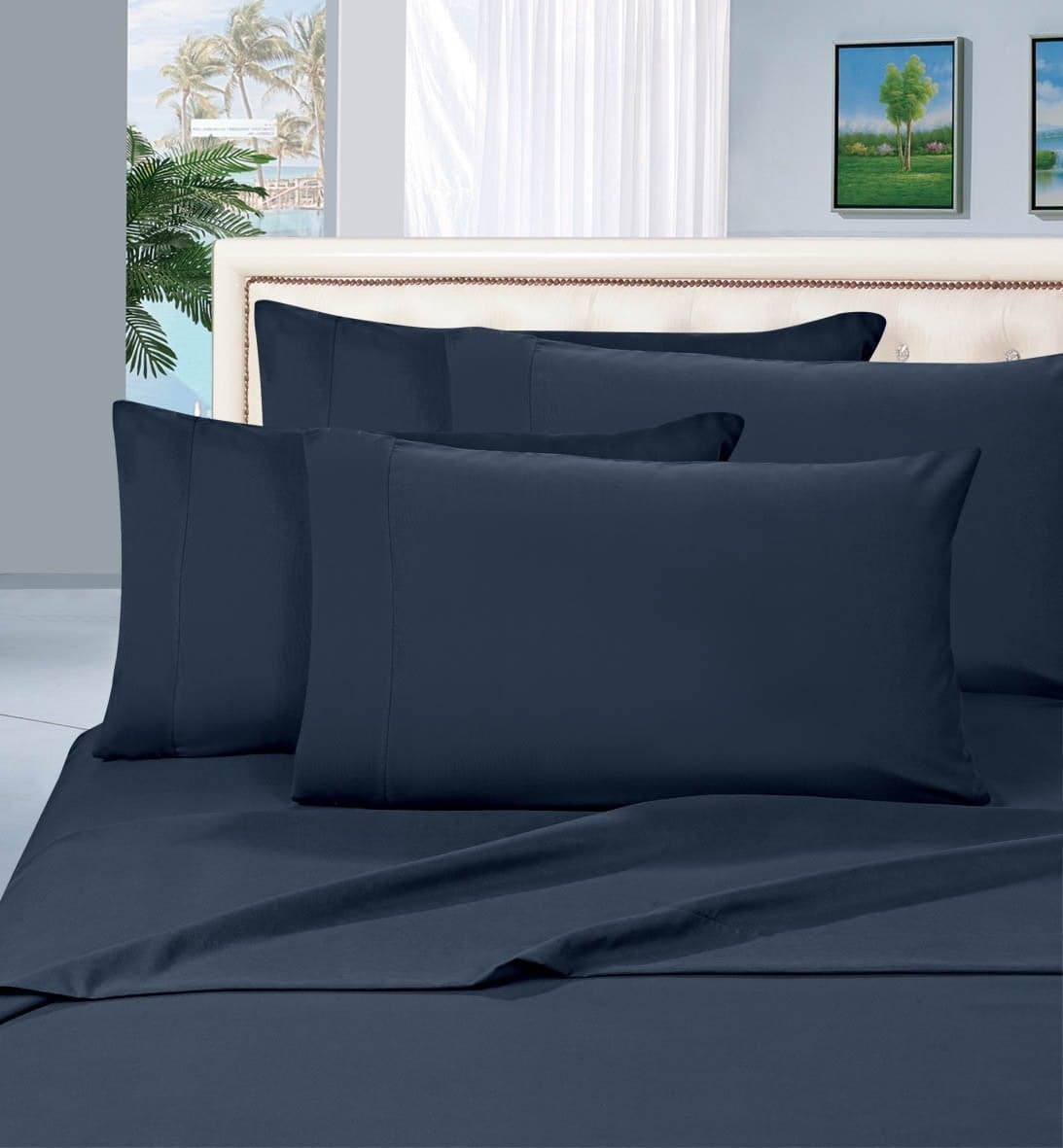 CELINE LINEN Wrinkle and Fade Resistant 1800 Premier Luxurious 4Piece Bed Sheet Set Deep Pocket up to 16 inch Queen Navy Blue