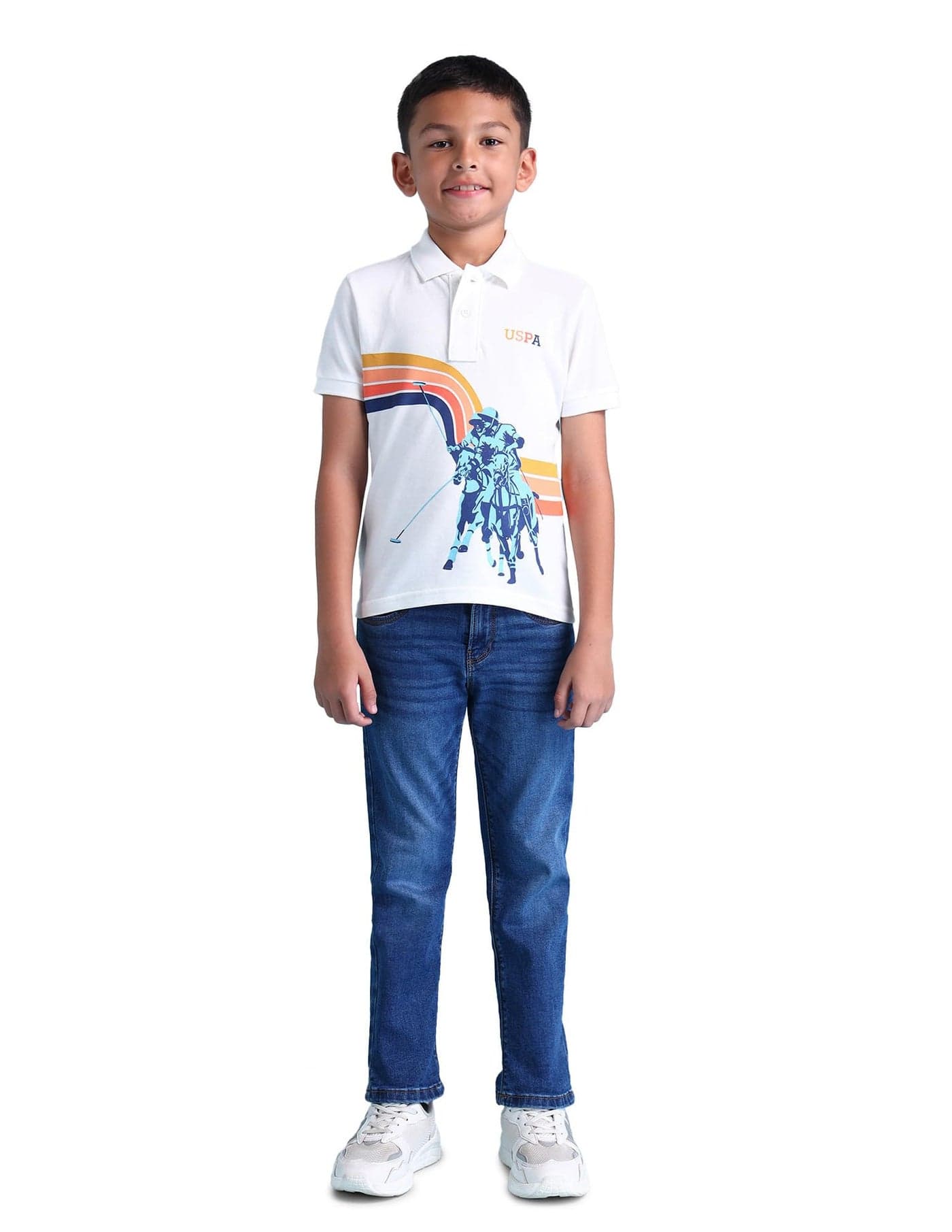 U.S. POLO ASSN. Kids Kids Regular fit Boys Cotton Printed Short Sleeves Polo T-Shirts (UKTSHON0336_White_10-11Y)