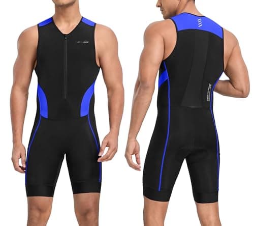 Santic Men's Triathlon Suit Sleeveless Skinsuit Padded Quick-Dry Swim Bike Run with Pockets,Black/Blue,L