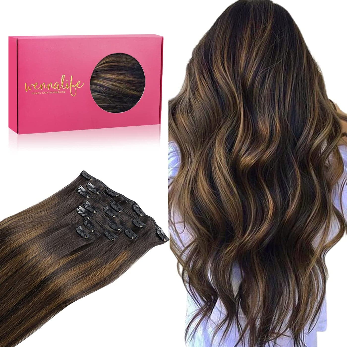 WENNALIFE Clip in Hair Extensions Real Human Hair 22 Inch 120g 7pcs Dark Brown to Chestnut Brown Balayage Hair Extensions Clip In Human Hair Remy Clip in Hair Extensions Real Human Hair Double Weft