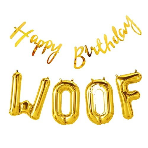 Propsicle Dog Happy Birthday Golden Cursive Banner and Woof Foil Letter Balloon Puppy Birthday Theme Balloon Decoration Party Banner - Pack of 5