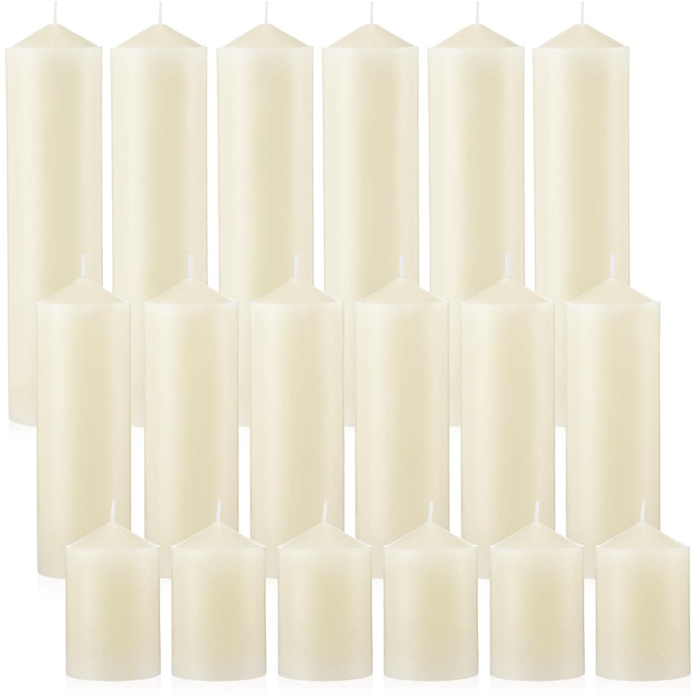 MTLEE 18 Pcs Set of 3 Pillar Candles Bulk 2 in x 3 6 8 Long Burning Clean Unscented Smokeless Pillar Candles for Wedding Emergency Lanterns Ceremony PartyIvory White