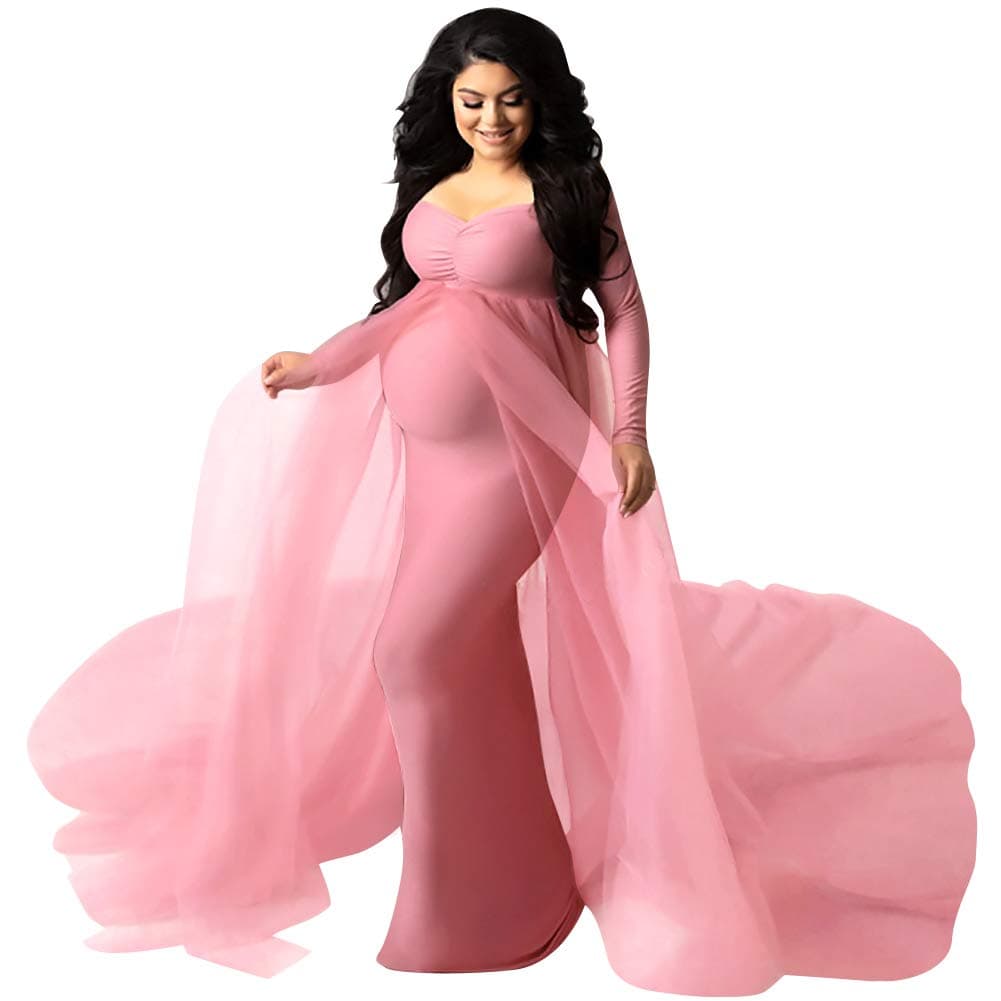 Women's Long Sleeve Off Shoulder Maternity Dress Ruched V-Neck Tulle Maxi Photography Dresses for Baby Shower Photo Shoot Elegant Fitted Mermaid Pregnancy Gown for Evening Wedding Party Pink X-Large