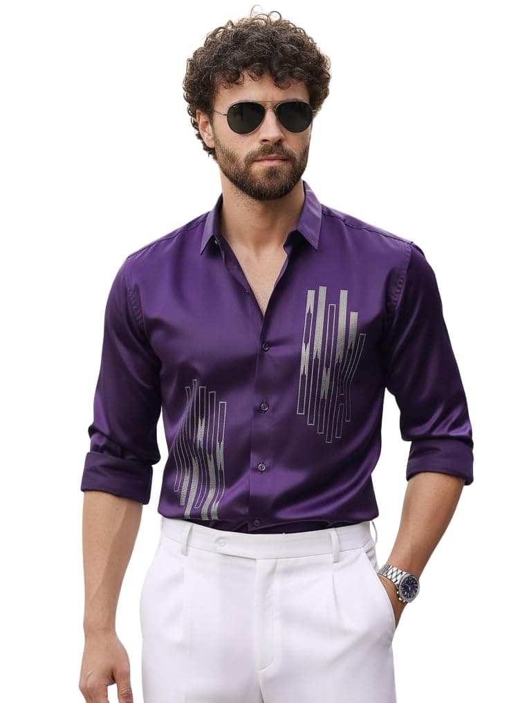 IndoPrimo Men’s Stylish Satin Shirt for Party and Casual Wear – Exclusive Designer Full Sleeve Shirt for Men - Pilar Wine