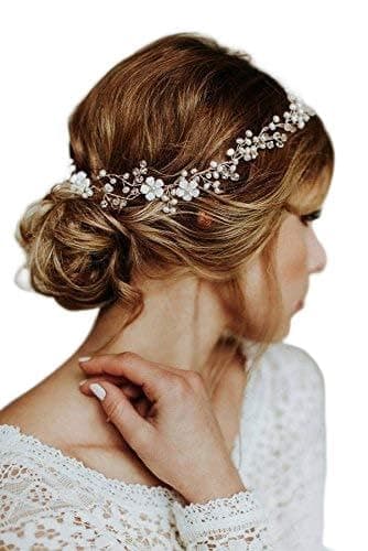 Kercisbeauty Handmade Boho Bridal Bridesmaids Flower Girls White Flower and Pearl Headband Vine Spring Headpiece Hair Vine Bridal Accessories Vintage Rustic Wedding Silver