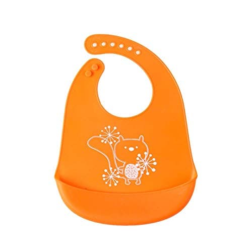 SYGA 1 Pcs Baby Bibs Cute Cartoon Printing Waterproof Silicone Bib With Rice Pocket_Orange (Adjustable For 6-36 Months)
