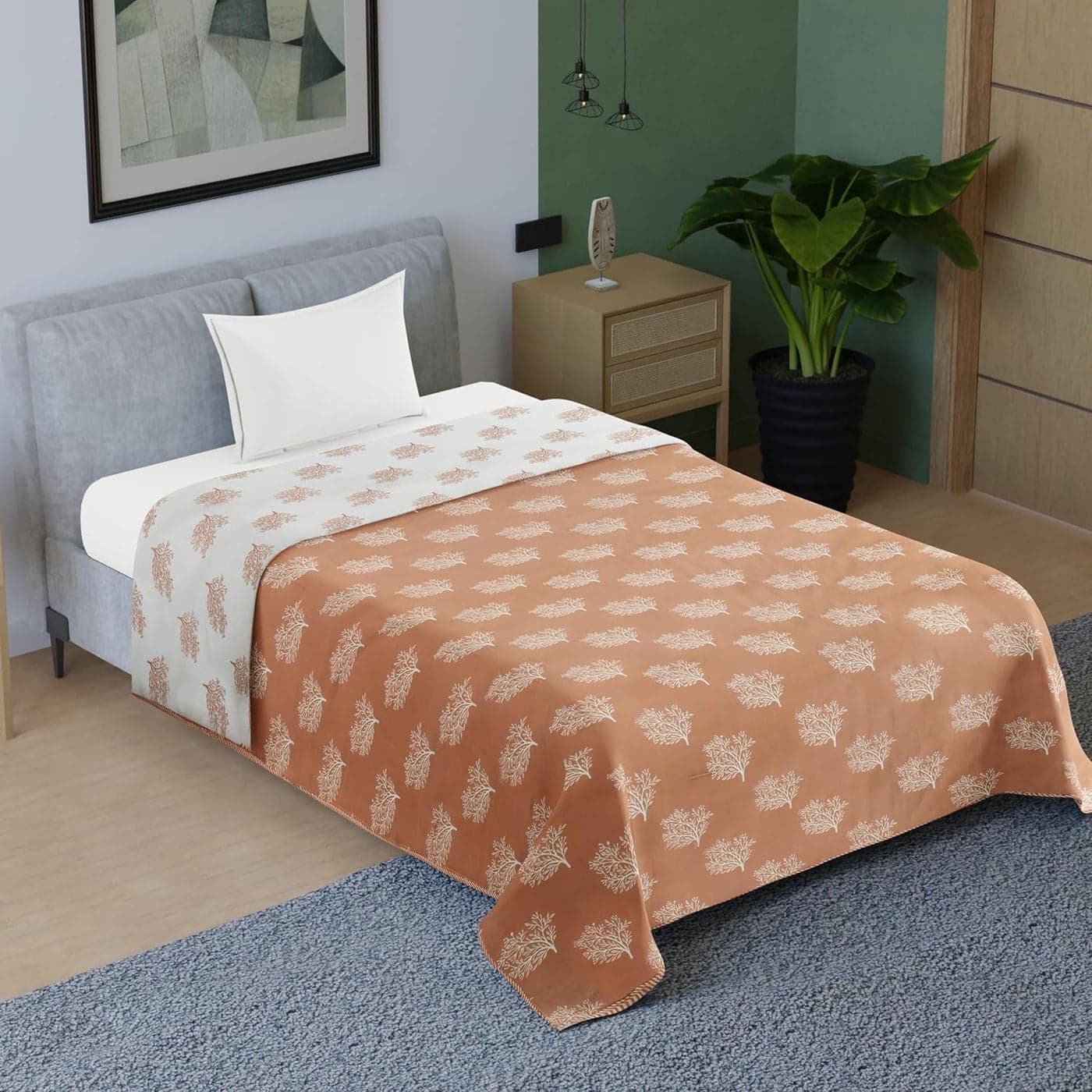 BENAVJI Cotton 150 GSM Reversible Lightweight Printed Single Bed AC Dohar Blanket Quilt Size 56X84 inch White Beige Color