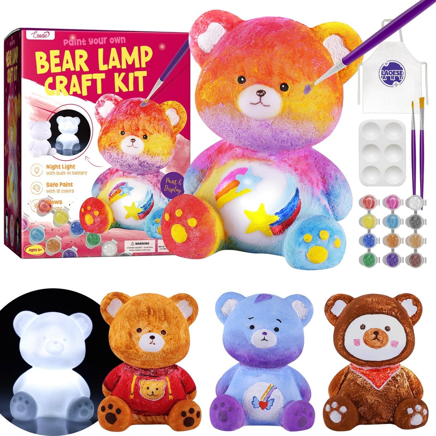 LAOESE Paint Your Own Bear Lamp Kit, Art Supplies Arts & Crafts Kit, Painting kit for Kids 6-12, Arts and Crafts for Kids Ages 8-12, Toys Girls Boy Birthday Gift Ages 6 7 8 9 10 11 12+
