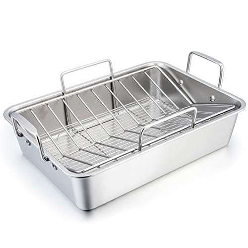 TeamFar Roasting Pan 16 Inch Large Turkey Roaster Lasagna Pan with V Rack Cooling Rack Set Stainless Steel For Thanksgiving Christmas Healthy Heavy Duty Deep Side Dishwasher Safe 3 PCS
