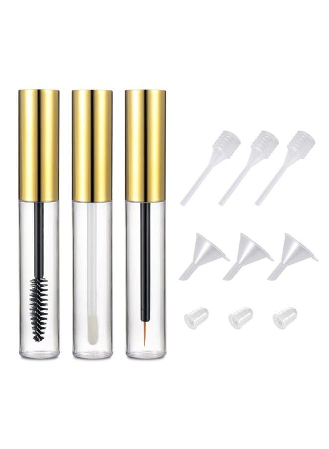 10ml Empty Mascara Tube Eyeliner Cream Container Bottle, Lip Gloss Bottle with 3 Piece Funnel & Rubber Inserts for Castor Oil Golden (Set 03)