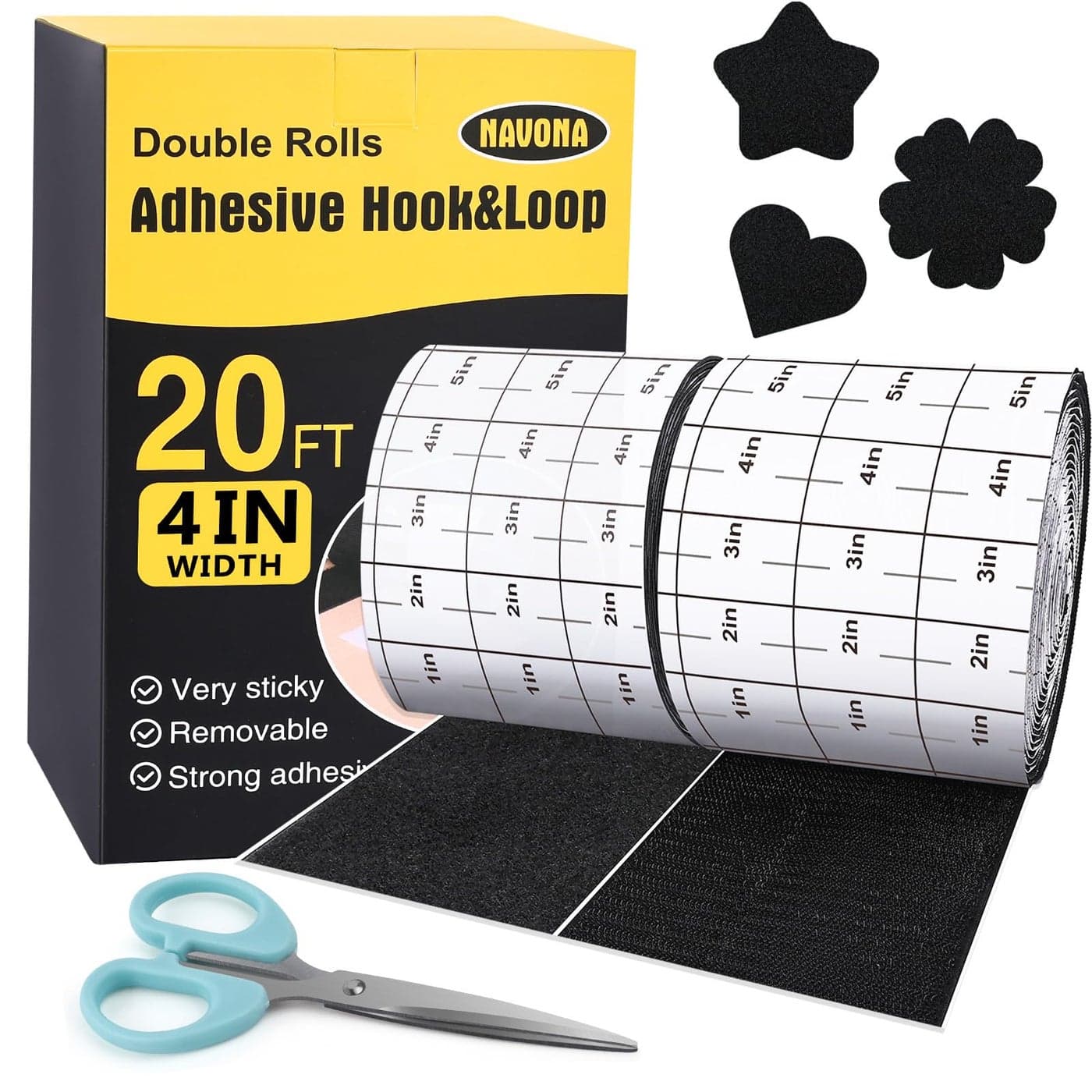 Navona 20Ft x 4 Inch Heavy Duty Hook and Loop Tape with Adhesive Carpet Anti Slip Rug Gripper Couch Cushion Grip Hook and Loop Strips for Home Office DIY and Car Black
