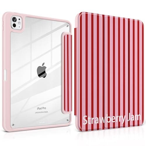 Loyrina Case for iPad Pro 11 inch (M5) 2025 (M4) 2024 Release Cute Red Pink Striped Trifold Stand Cover with Clear Back Auto Wake Sleep Aesthetic Preppy Design for Girls Women, Stripe