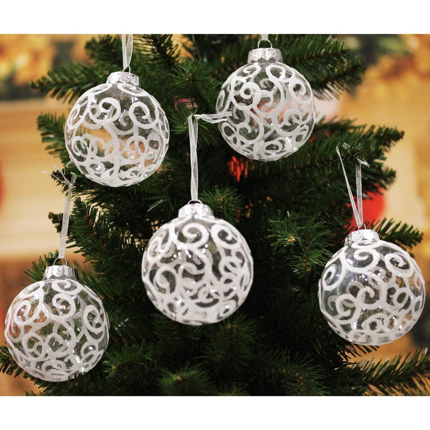 SLEETLY 28pc White Swirl Transparent Clear Ornaments for Farmhouse Christmas Tree Holiday Xmas Decorations Large Shatterproof Plastic 315 Inch Glitter Snow Balls Icicles and Snowflakes