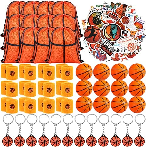 LEIFIDE 148 Pcs Basketball Party Favors Include Basketball Gift Bags with Drawstring Sports Wristbands Mini Keychain Sticker Birthday Team Gift for sports lover Party Supplies