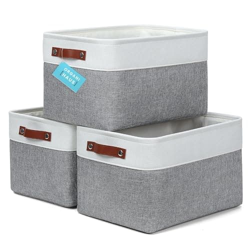 OrganiHaus Large Fabric Storage Baskets for Shelves 3 Pack 15x11in Closet Storage Bins for Shelves Cloth Baskets for Organizing Linen Closet Organizers Fabric Basket GrayWhite