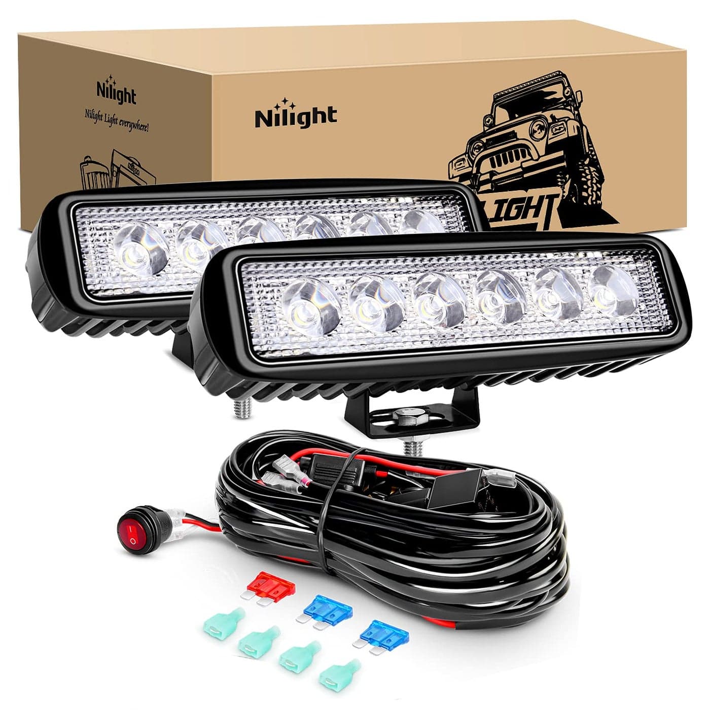 Nilight 2Pcs 18w Spot LED Work Lights LED Pods Fog Lights Off Road Led Lights Driving Lights with16AWG Off Road Wiring Harness Kit2 Leads